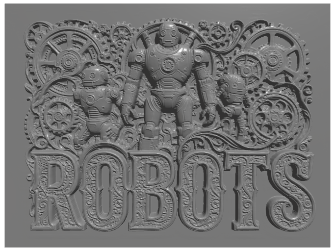 subject: robots and gears; style: steampunk; text: 'ROBOTS'