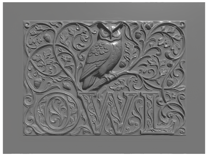 subject: owl perched on branch; style: Arts and Crafts; text: 'OWL'