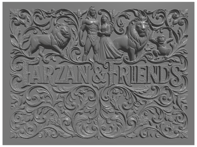 subject: Tarzan, Jane, lion and chimpanzee; text: 'TARZAN & FRIENDS'