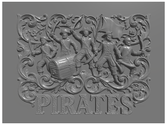subject: pirates and treasure chest; style: Baroque; text: 'PIRATES'